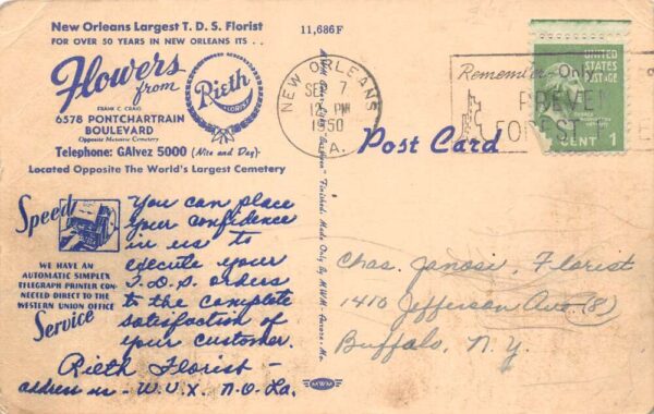 New Orleans Louisiana Rieth Florist Shop Vintage Postcard AA102275 - Image 2
