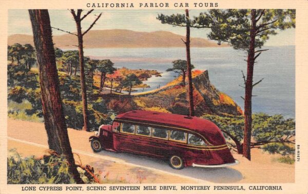 Monterey California Lone Cypress Point Parlor Car Tour Bus Postcard AA102285
