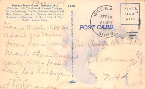 Grenada Mississippi Grenada Tourist Court Vintage Postcard AA102299 - Image 2