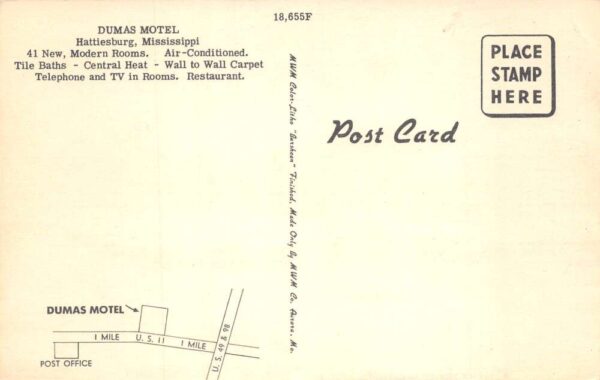 Hattiesburg Mississippi Dumas Motel Linen Vintage Postcard AA102300 - Image 2