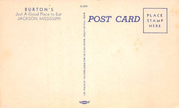 Jackson Mississippi Burton's Restaurant Linen Vintage Postcard AA102301 - Image 2