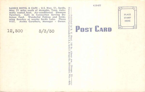 Sardis Mississippi Sardis Hotel and Cafe Vintage Postcard AA102305 - Image 2