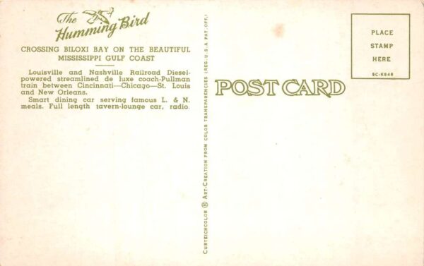 Biloxi Bay Mississippi The Hummingbird Streamliner Train Postcard AA102314 - Image 2