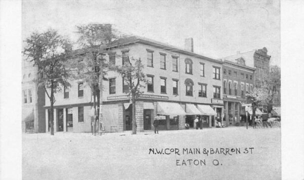 Eaton Ohio Corner of Main and Barron Street National Bank Postcard AA102320