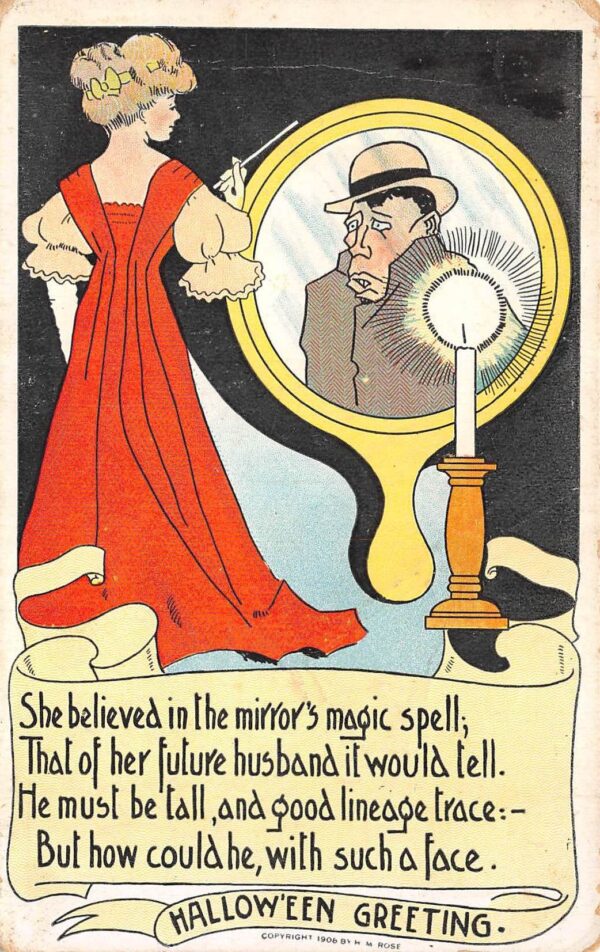 The Rose Co., Hallowe'en Greeting, Woman Divining Man In Mirror, PC U23676