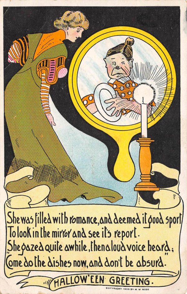 The Rose Co., Hallowe'en Greeting, Woman Mirror Gazing W/ Candle, PC U23677