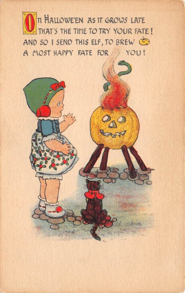 Gottschalk, Series No. 5049, Child W/ Black Cat & JOL Cauldron, PC U23685