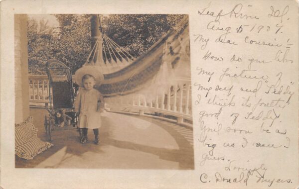 Real Photo, Young Child On Front Porch, Stroller & Teddy Bear, PC U23689