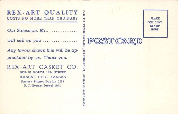 Kansas City Kansas Rex Art Casket Co Vintage Postcard AA102431 - Image 2