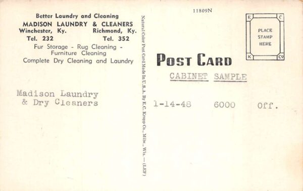 Richmond Winchester Kentucky Madison Laundry and Cleaners Postcard AA102437 - Image 2