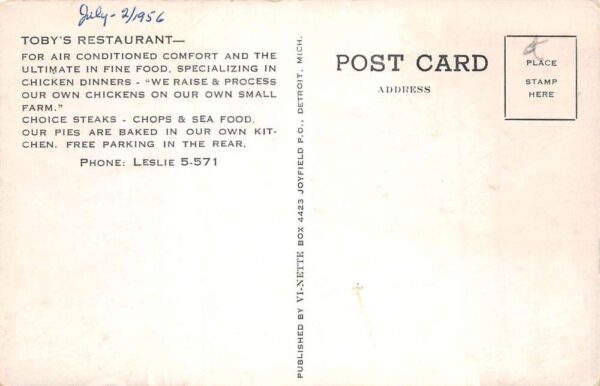 Leslie Michigan Toby's Restaurant Dining Room Vintage Postcard AA102447 - Image 2