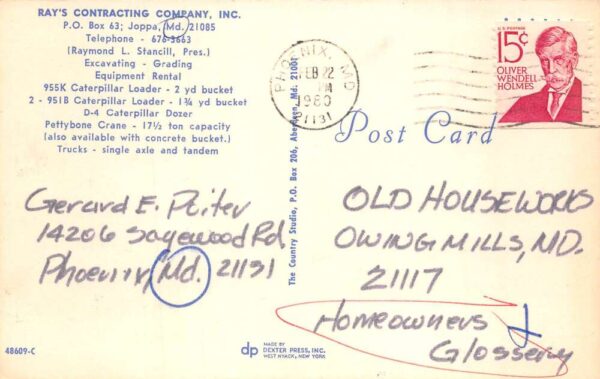 Joppa Maryland Ray Contracting Co Crane Truck Construction Postcard AA102467 - Image 2