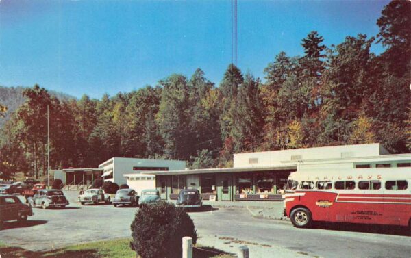 Fontana Dam North Carolina Shopping Center Trailways Bus Postcard AA102477