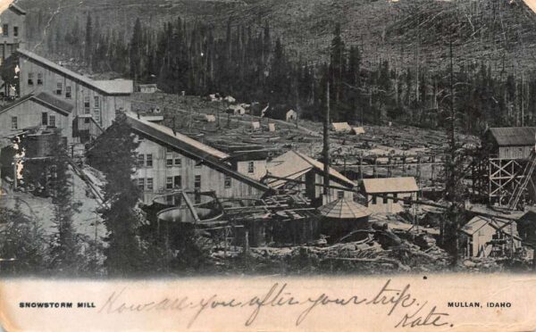 Mullan Idaho Snowstorm Hill Saw Mill Logging Vintage Postcard AA102489