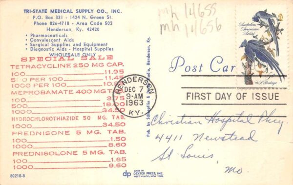 Henderson Kentucky Tri-State Medical Supply Co Vintage Postcard AA102493 - Image 2