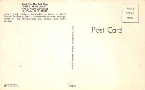St Pauls North Carolina Bell's Restaurant Dining Room Vintage Postcard AA102500 - Image 2