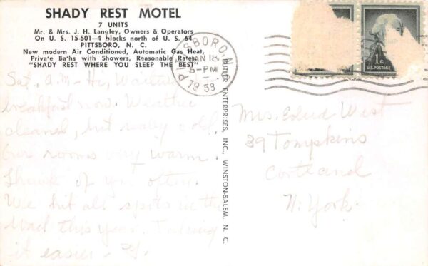 Pittsboro North Carolina Shady Rest Motel Vintage Postcard AA102502 - Image 2