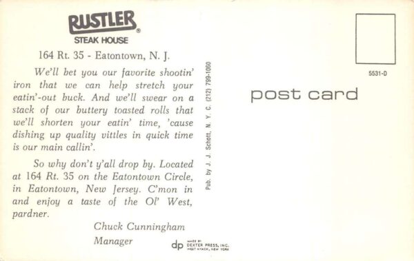Eatontown New Jersey Rustler Steak House Vintage Postcard AA102512 - Image 2