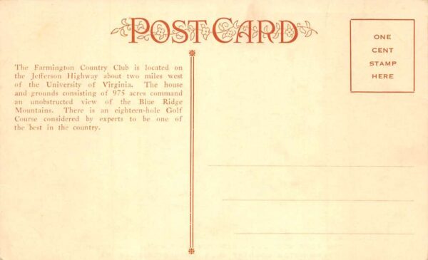 Charlottesville Virginia Farmington Country Club Vintage Postcard AA102517 - Image 2