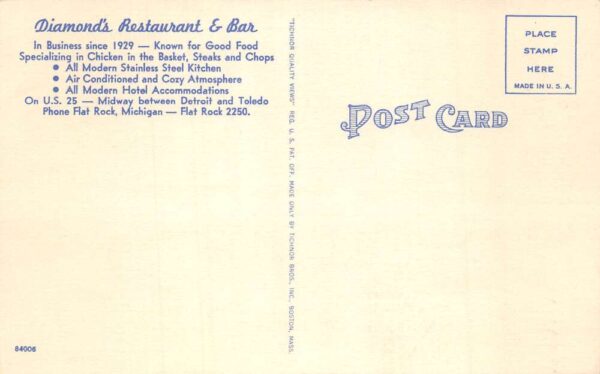 Flat Rock Michigan Diamonds Restaurant and Bar Vintage Postcard AA102521 - Image 2