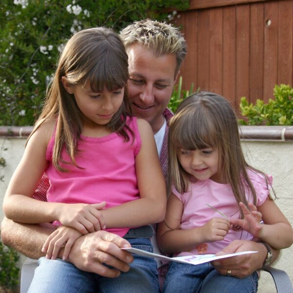 family reading post cards