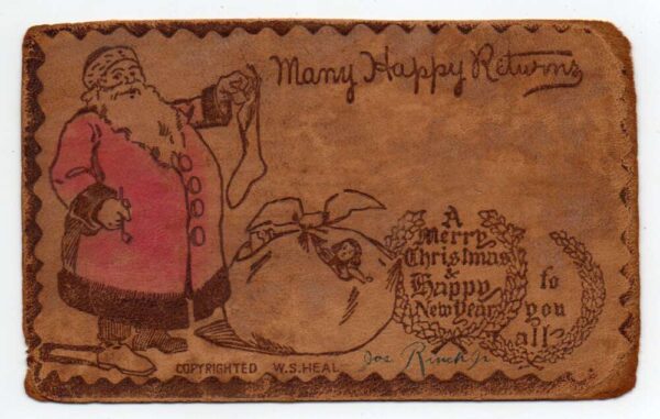 Christmas Greetings Santa Claus with Bag of Toys Leather Postcard AA86194