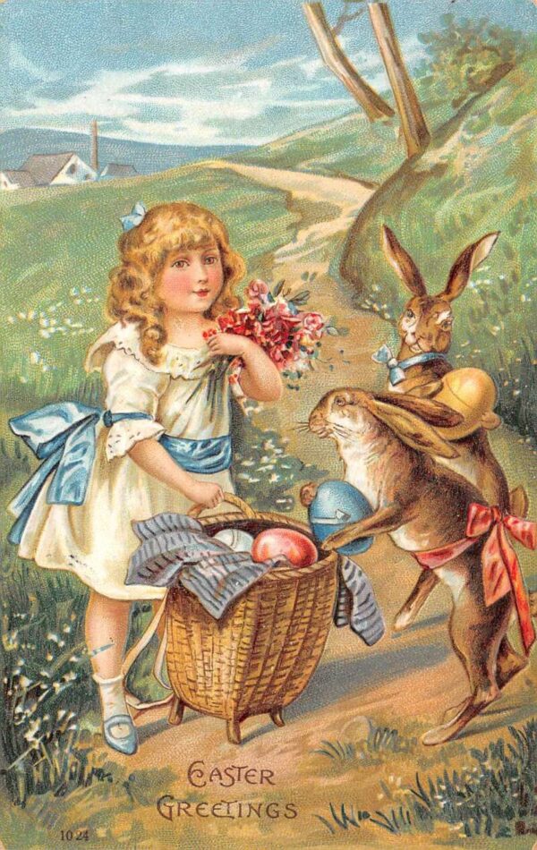 Easter Greetings Girl with Rabbits Vintage Postcard AA86214