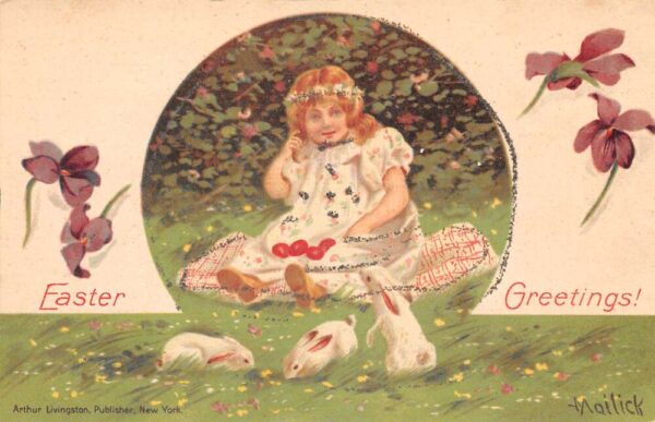 Easter Greetings Girl with White Rabbits Glitter Vintage Postcard AA86215