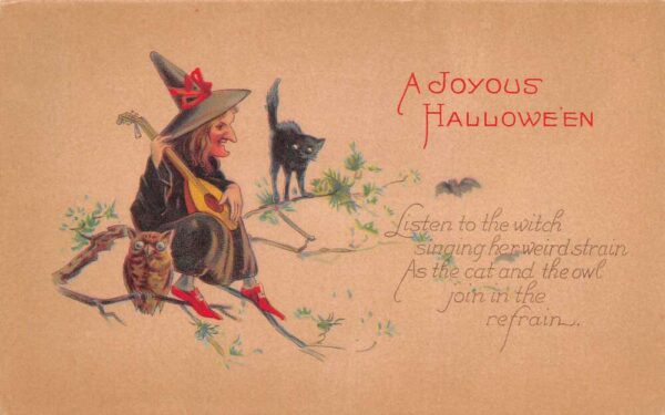 Halloween Greetings Witch Playing Lute with Black Cat Owl Postcard AA86271