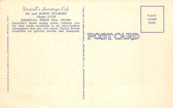 Amarillo Texas Dowells Saratoga Cafe Route 66 Roadside America Postcard AA86296 - Image 2