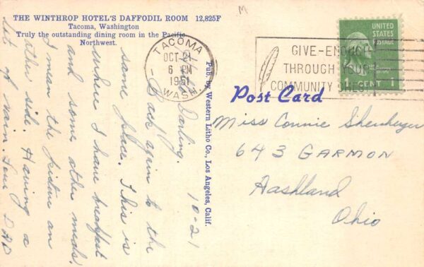 Tacoma Washington The Winthrop Hotel Daffodil Room Vintage Postcard AA86304 - Image 2