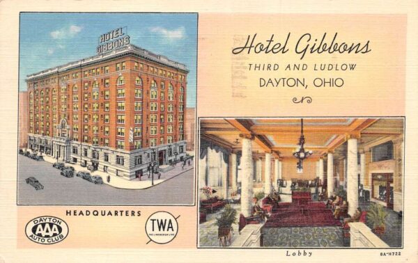 Dayton Ohio Hotel Gibbons and Interior Vintage Postcard AA86313
