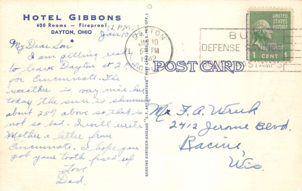 Dayton Ohio Hotel Gibbons and Interior Vintage Postcard AA86313 - Image 2