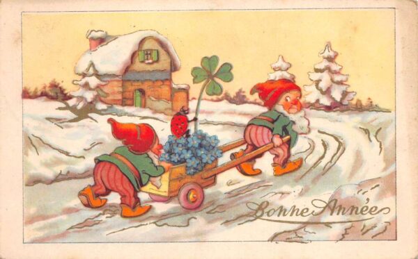 New Year Greetings Gnomes Elves with Lady Bug in Wagon Vintage Postcard AA86316
