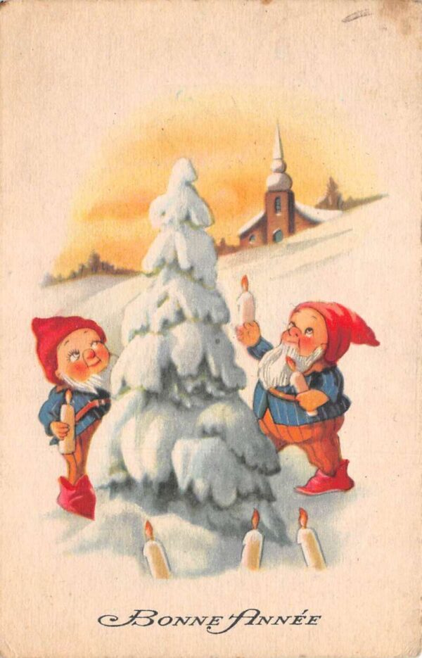 New Year Greetings Gnomes Elves Decorating Tree Vintage Postcard AA86317