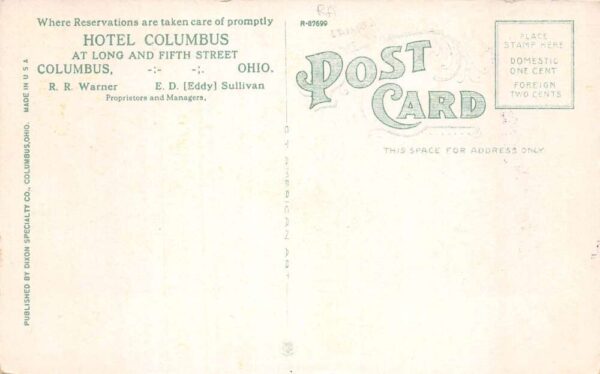Columbus Ohio Hotel Columbus Lobby Plates Destroyed Postcard AA86324 - Image 2