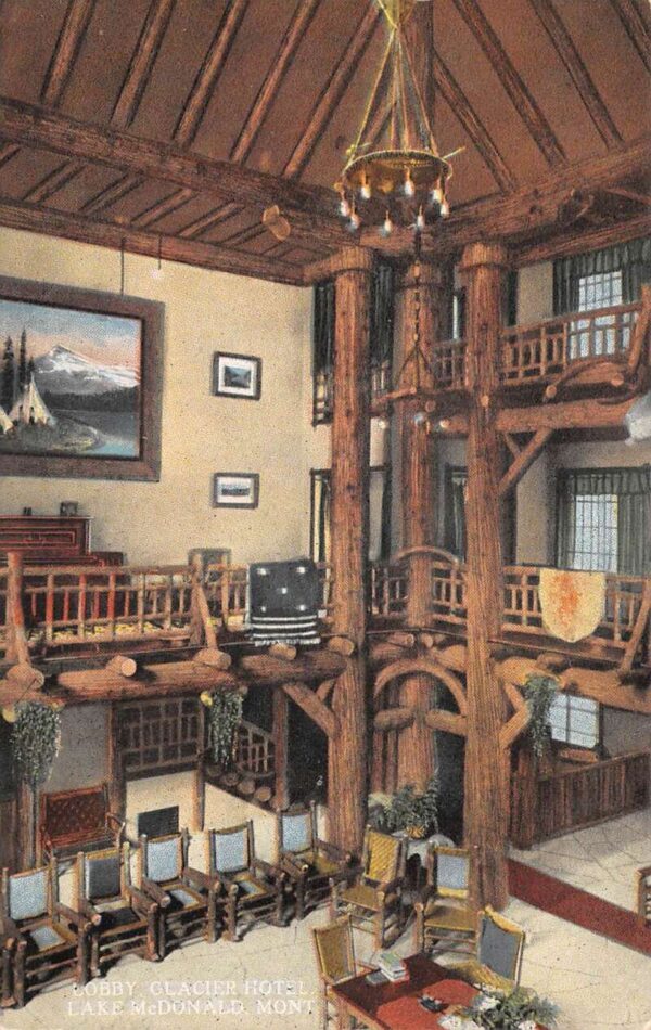 Lake McDonald Montana Glacier Hotel Lobby Vintage Postcard AA86326