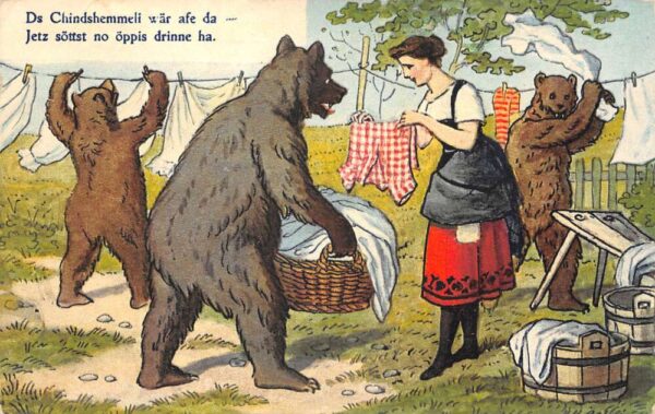 Woman doing Laundry with Bears Vintage Postcard AA86337