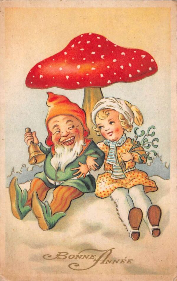 New Year Greetings Gnomes Elves Sitting under Mushroom Vintage Postcard AA86342