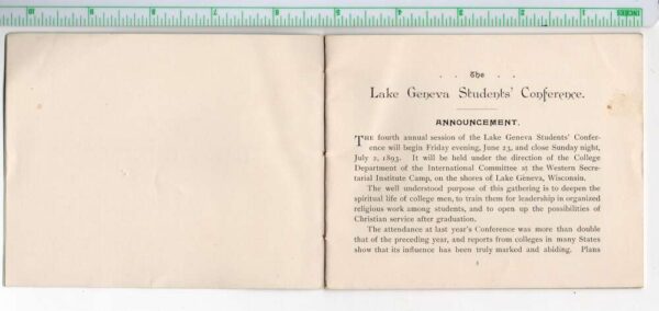 1893 Lake Geneva Students Conference Information Booklet Vintage AA86451 - Image 2