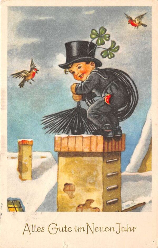 New Year Greetings Chimney Sweep Boy with Birds and Clover Postcard AA86463
