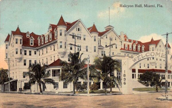 Miami Florida Halcyon Hall Hotel and Entrance Arch Vintage Postcard AA86502