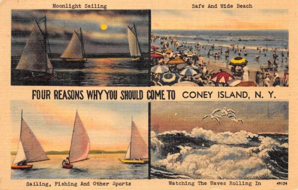 Coney Island New York Multiview Sailboats Beach Scene Vintage Postcard AA86509