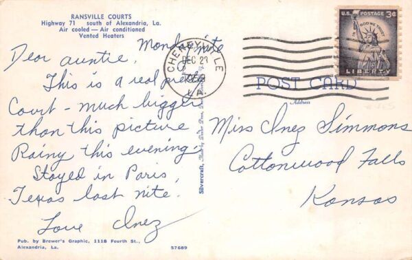 Alexandria Louisiana Ransville Courts Vintage Postcard AA86513 - Image 2