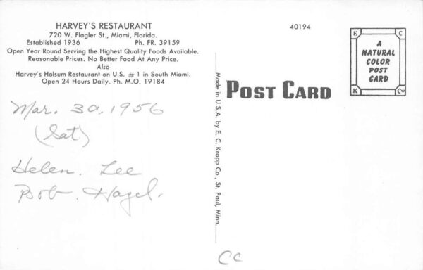 Miami Florida Harvey's Restaurant Vintage Postcard AA86517 - Image 2