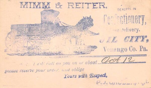 Oil City Pennsylvania Mimm and Reiter Confectionery Ad Postal PC AA86619