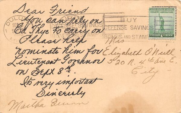 Red Wing Minnesota Ed Thye For Lieutenant Governor, Vintage Postcard U23969 - Image 2