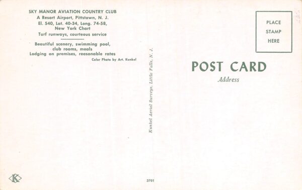 Pittstown New Jersey Sky Manor Aviation Country Club, Chrome, Vintage PC U24095 - Image 2