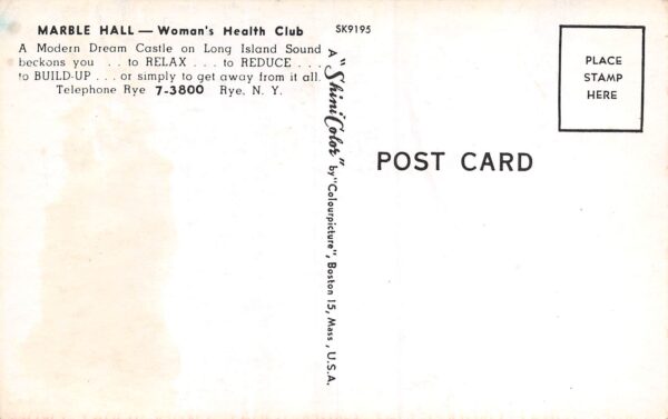 Rye New York Marble Hall Women's Health Club, Chrome, Vintage Postcard U24097 - Image 2