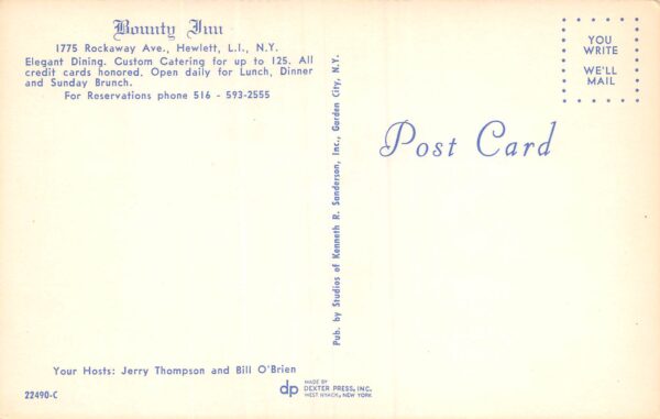 Hewlett New York Bounty Inn, Long Island, Chrome, Vintage Postcard U24098 - Image 2